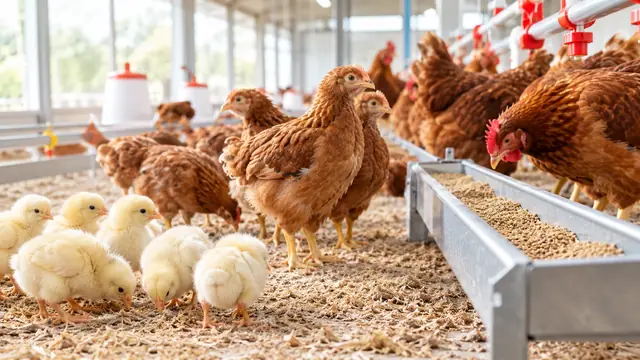 Chicks and adult hens at a feeder with pelleted feed