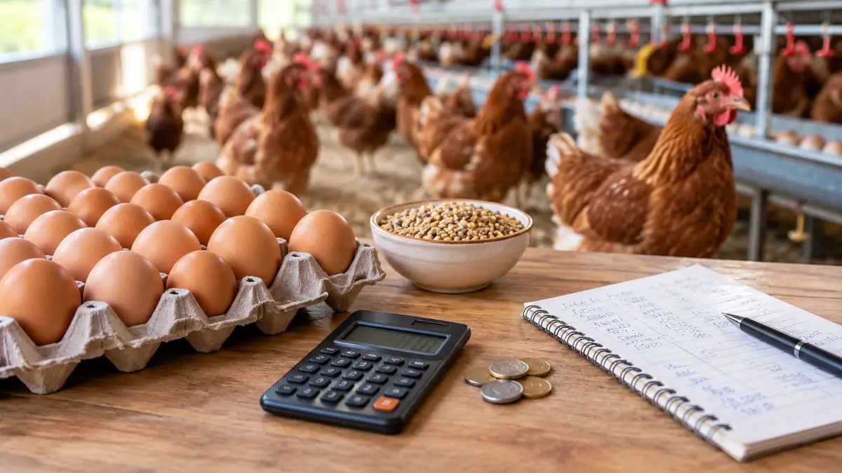 Eggs, a bowl of feed, a calculator and a record notebook in front of a poultry house