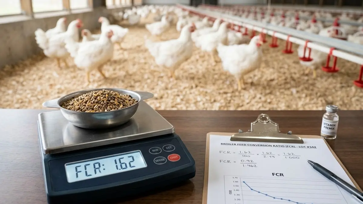 Bowl of feed pellets on a scale next to an FCR chart