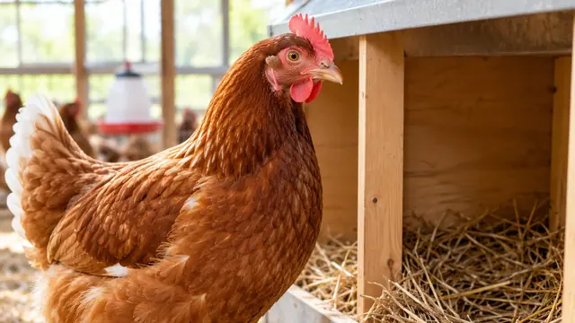 Laying hen next to a nest box in a poultry house, with a tray of eggs
