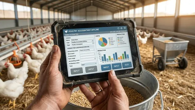 Tablet with farm accounting inside a poultry house