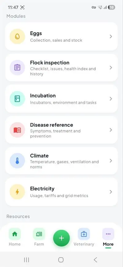 Modules: eggs, inspection, climate, electricity